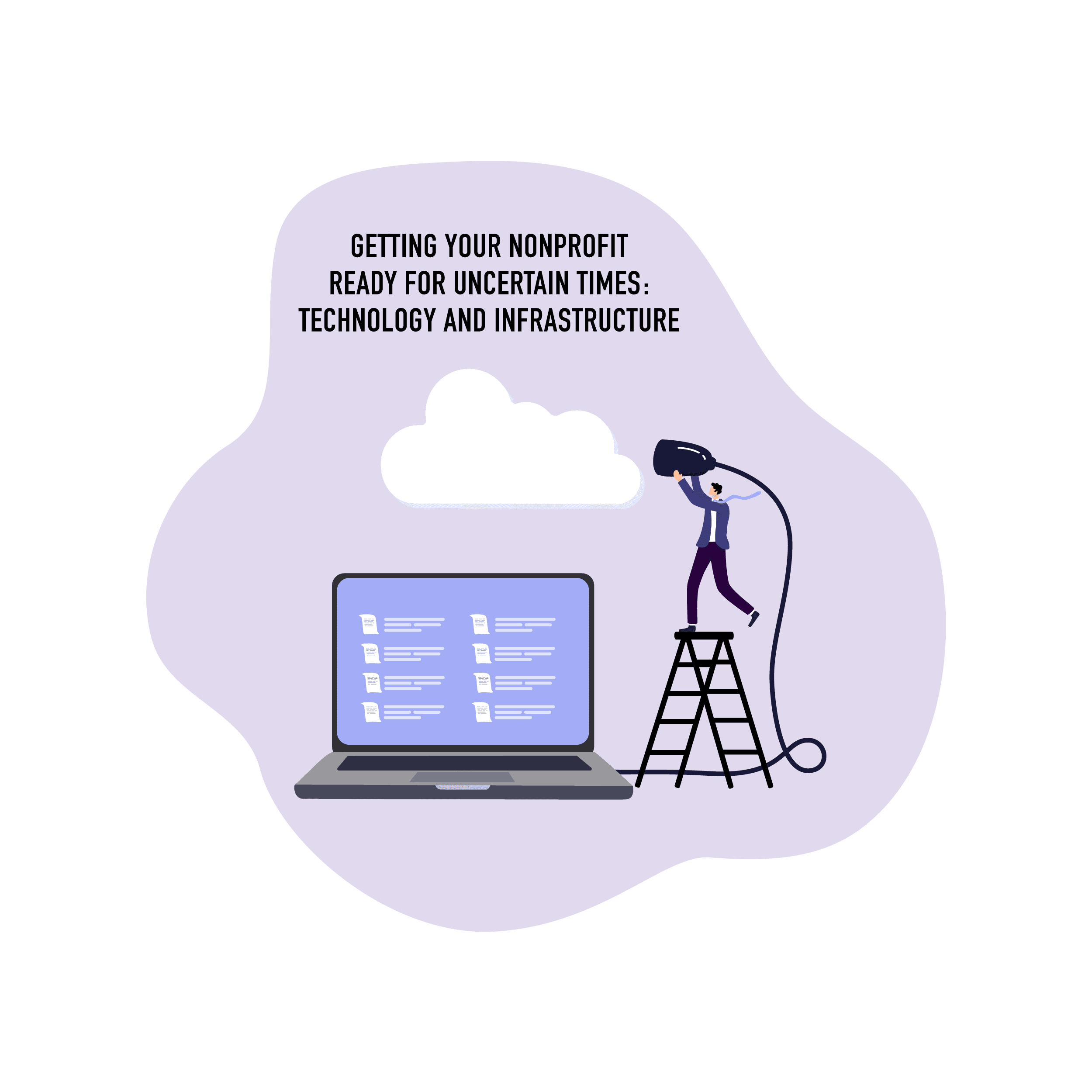 Illustration of a male figure holding an electrical cord on top of a ladder