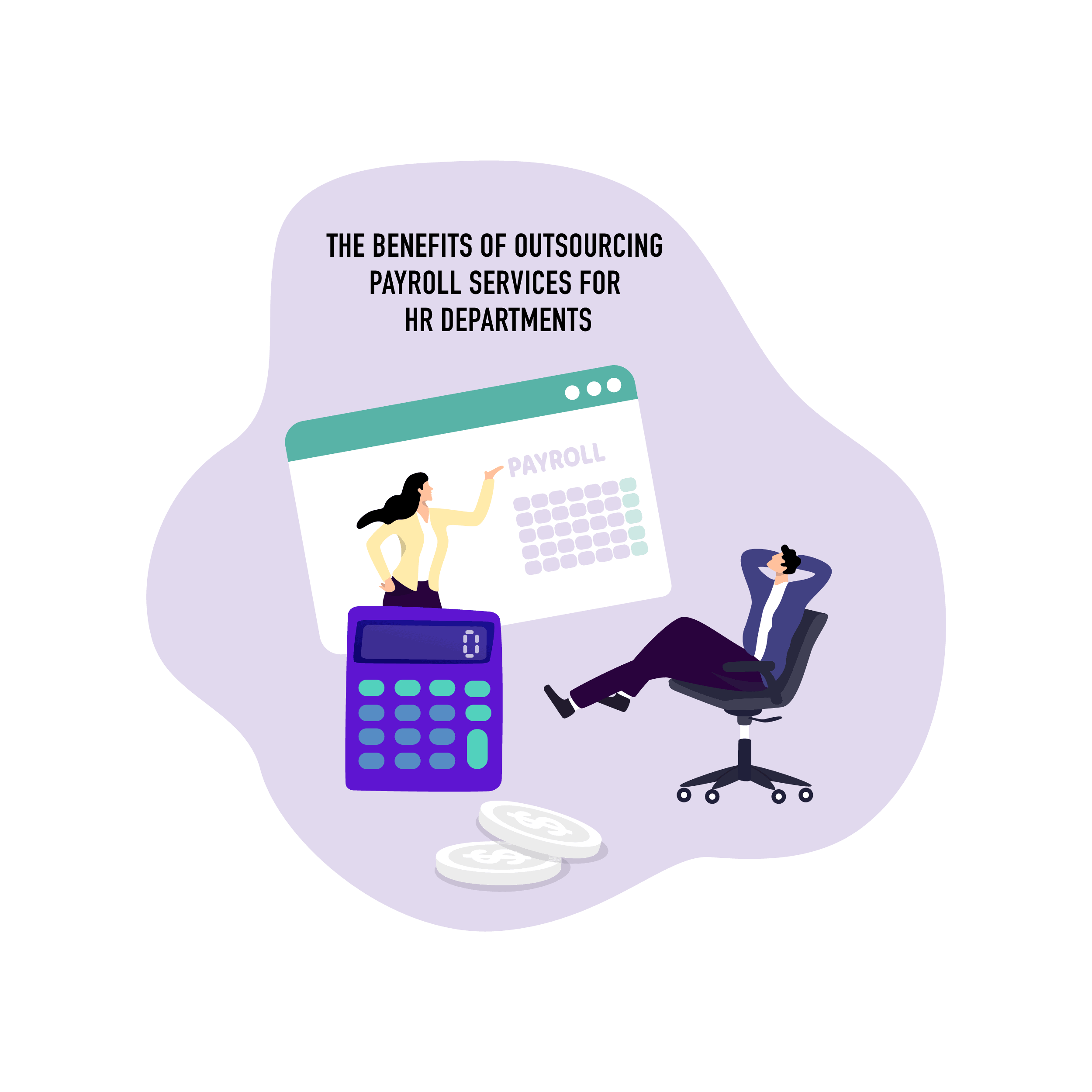 Blog graphic depicting two humans, a calculator a chair and a internet browser window