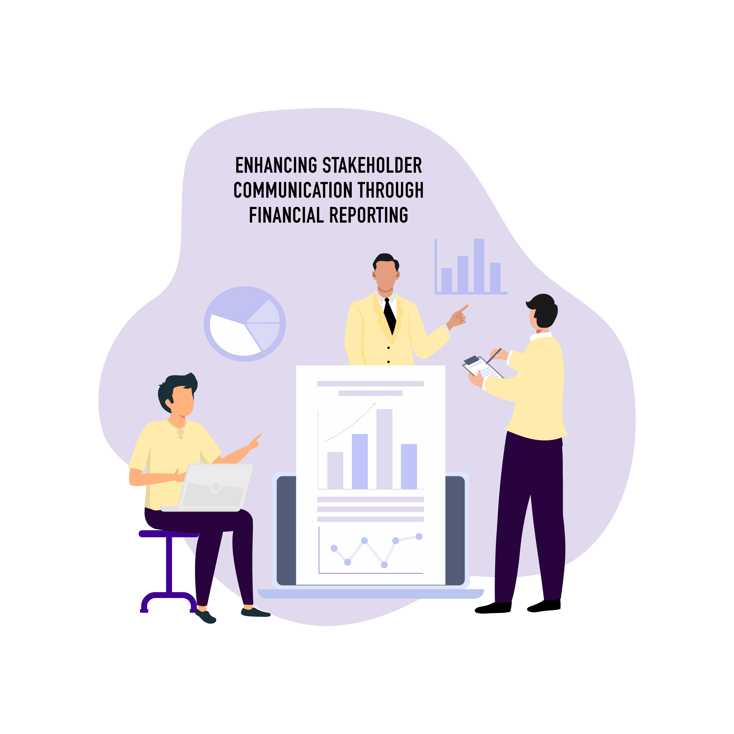 Three human figures engaged in conversation around a depiction of graphs/charts