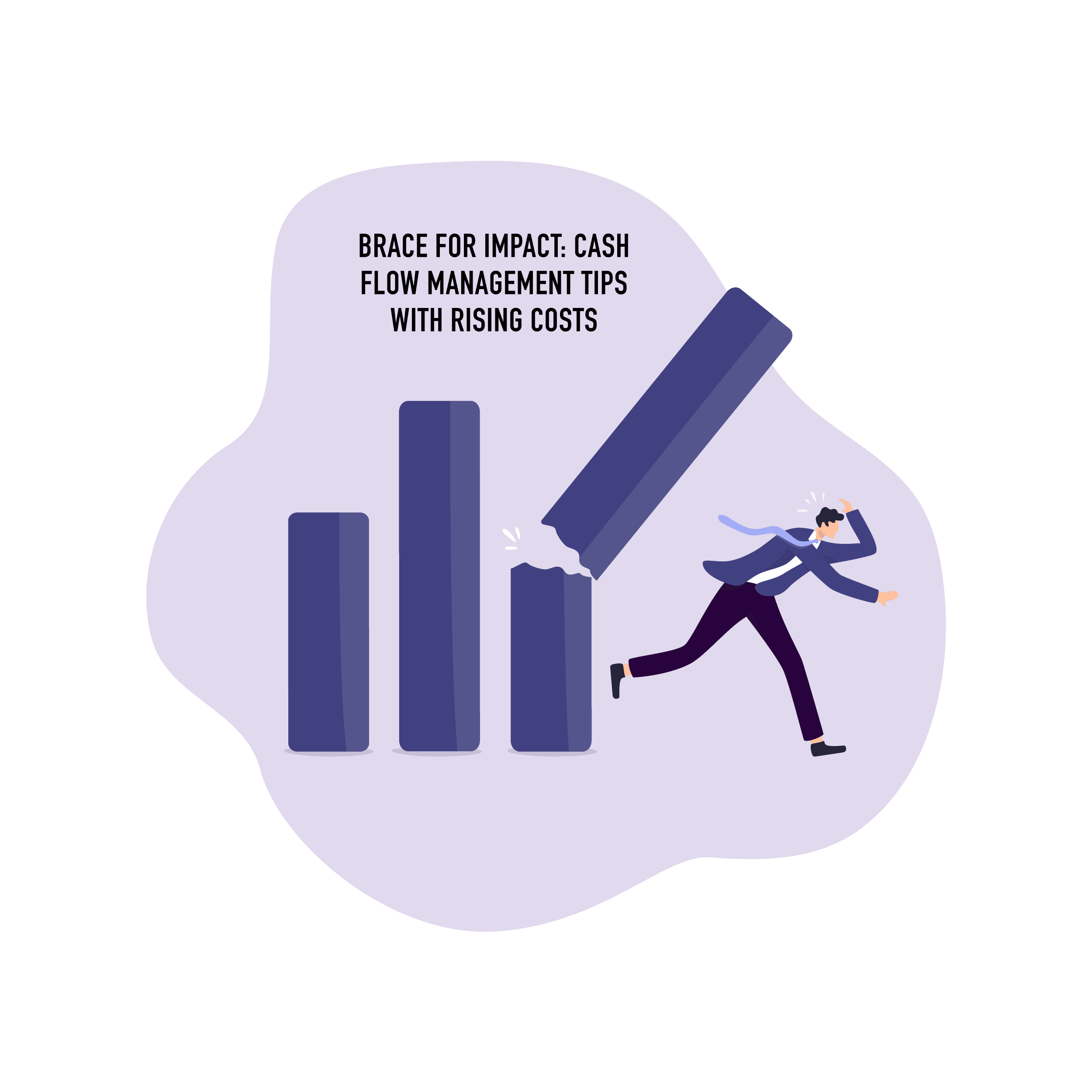 A graphic depicting a man running away from a chart that's falling over