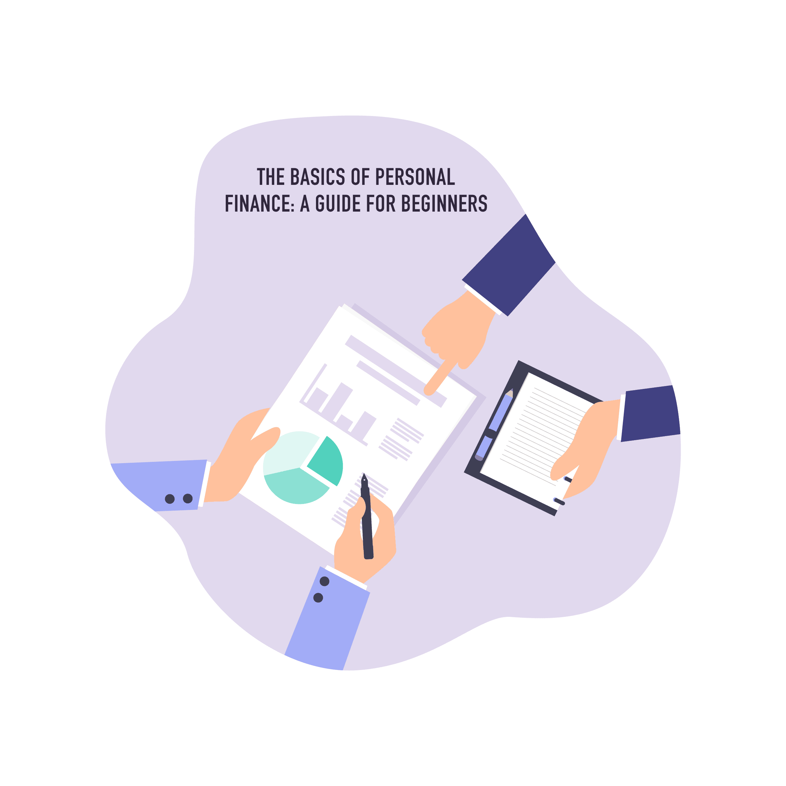 A graphic depicting four hands looking financial reports