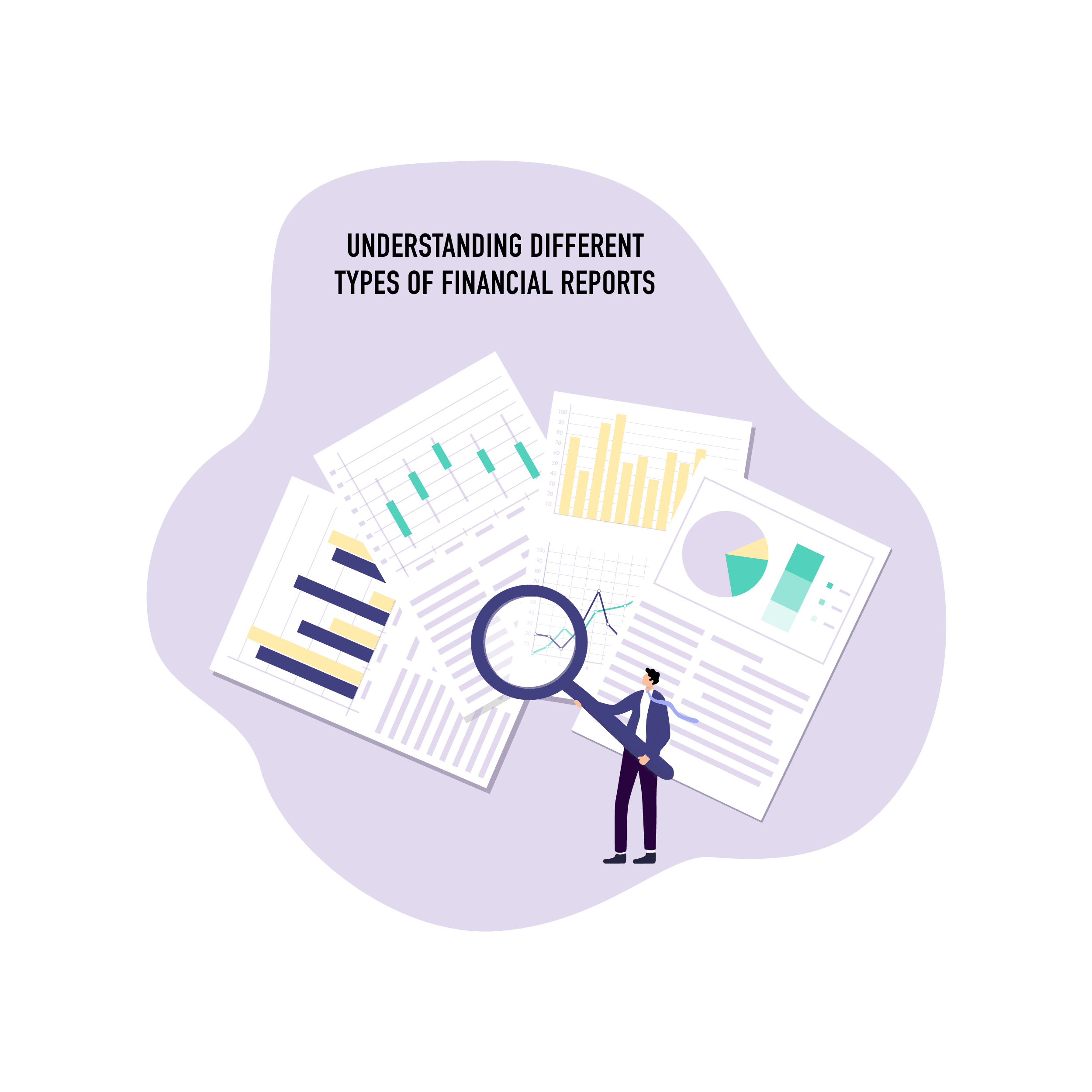 A graphic depicting a human form alongside various financial reports