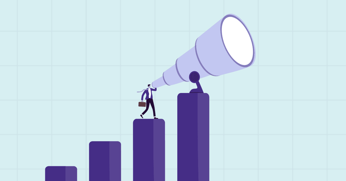 a man climbing the stairs of a bar graph and looking through a giant telescope
