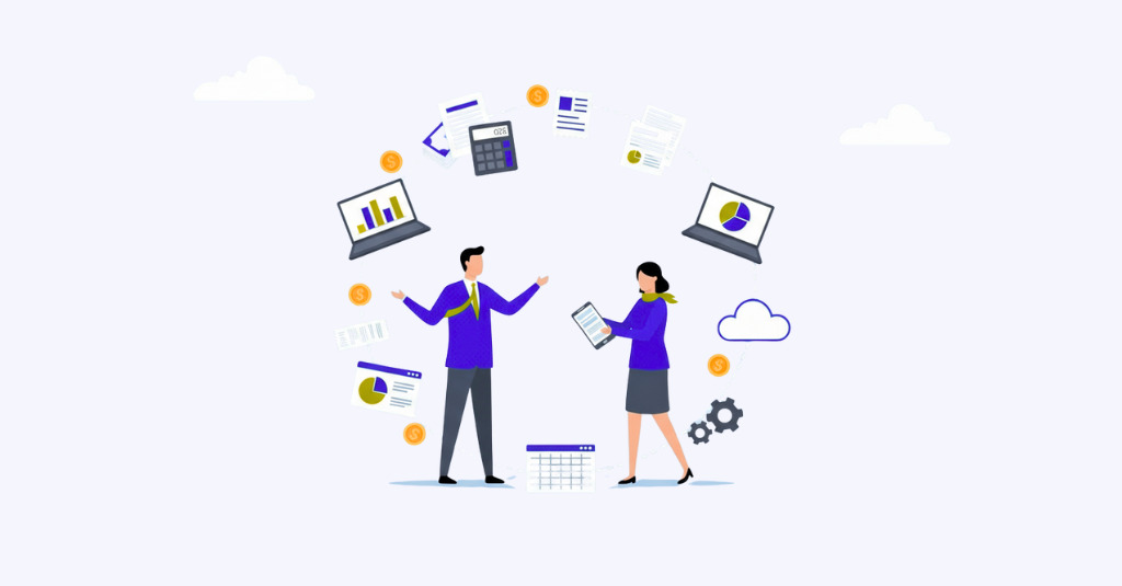 A graphic showing two people juggling various financial documents, laptops, and coins, symbolizing the complexity of managing multiple financial tools and the need for a streamlined system.