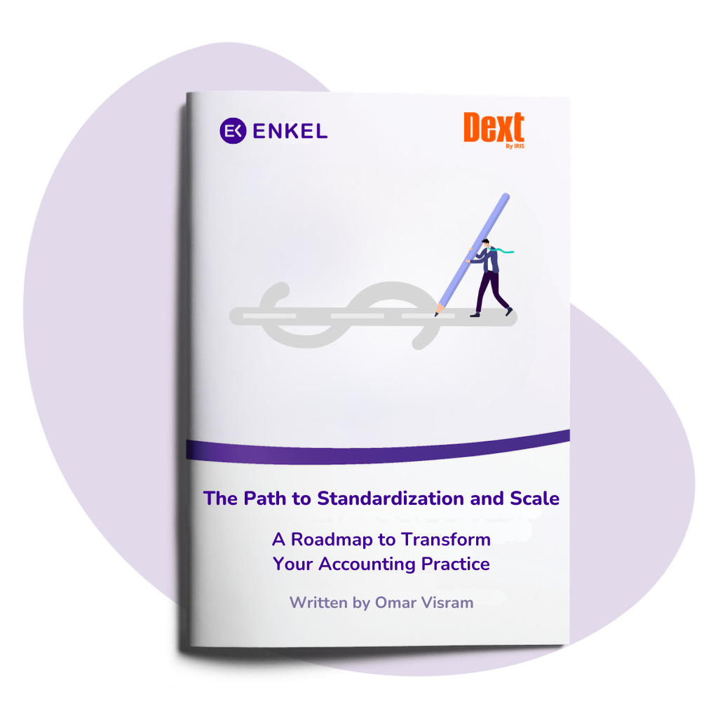 E-book cover titled “The Path to Standardization and Scale: A Roadmap to Transform Your Accounting Practice,” featuring an illustration of a person using a large pencil to connect links in a chain. Co-branded by Enkel and Dext, the guide focuses on scaling accounting practices through standardization and operational efficiency.