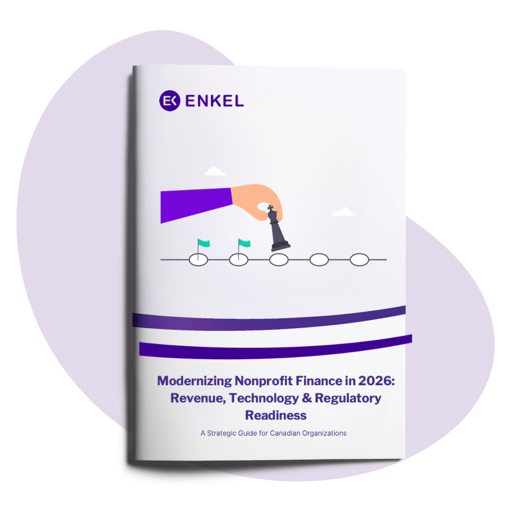 Enkel's 2026 Nonprofit Financial Planning Guide cover featuring purple branding, showing strategies for revenue diversification, technology adoption, and regulatory compliance for Canadian nonprofits