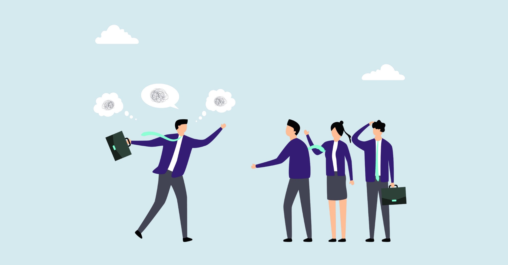Illustration of a frustrated professional gesturing with tangled thought bubbles overhead, facing a confused group of three colleagues — representing unclear communication and wasted time in nonprofit board meetings.