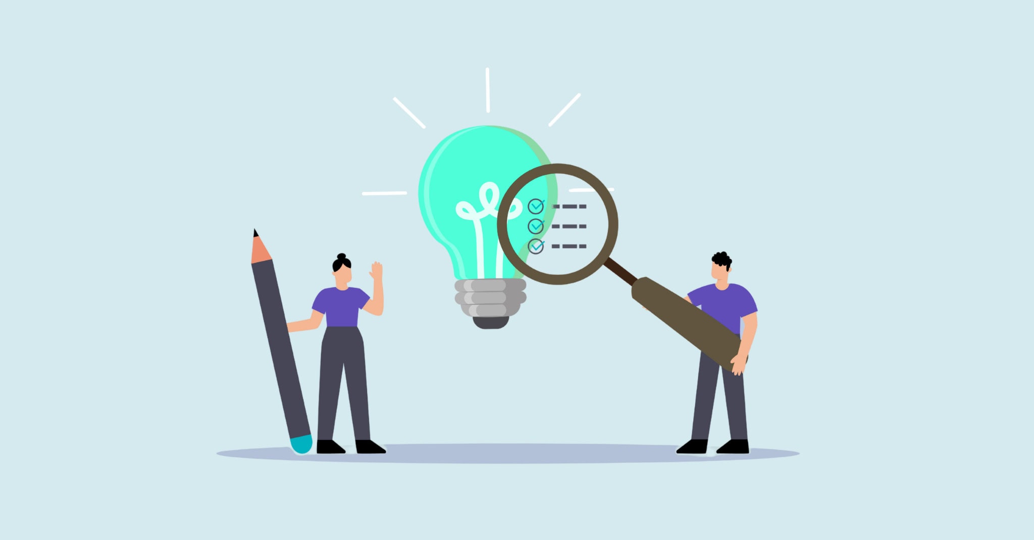 Illustration of two people holding a pencil and a magnifying glass next to a glowing light bulb with a checklist, representing revenue diversification strategies for Canadian nonprofits