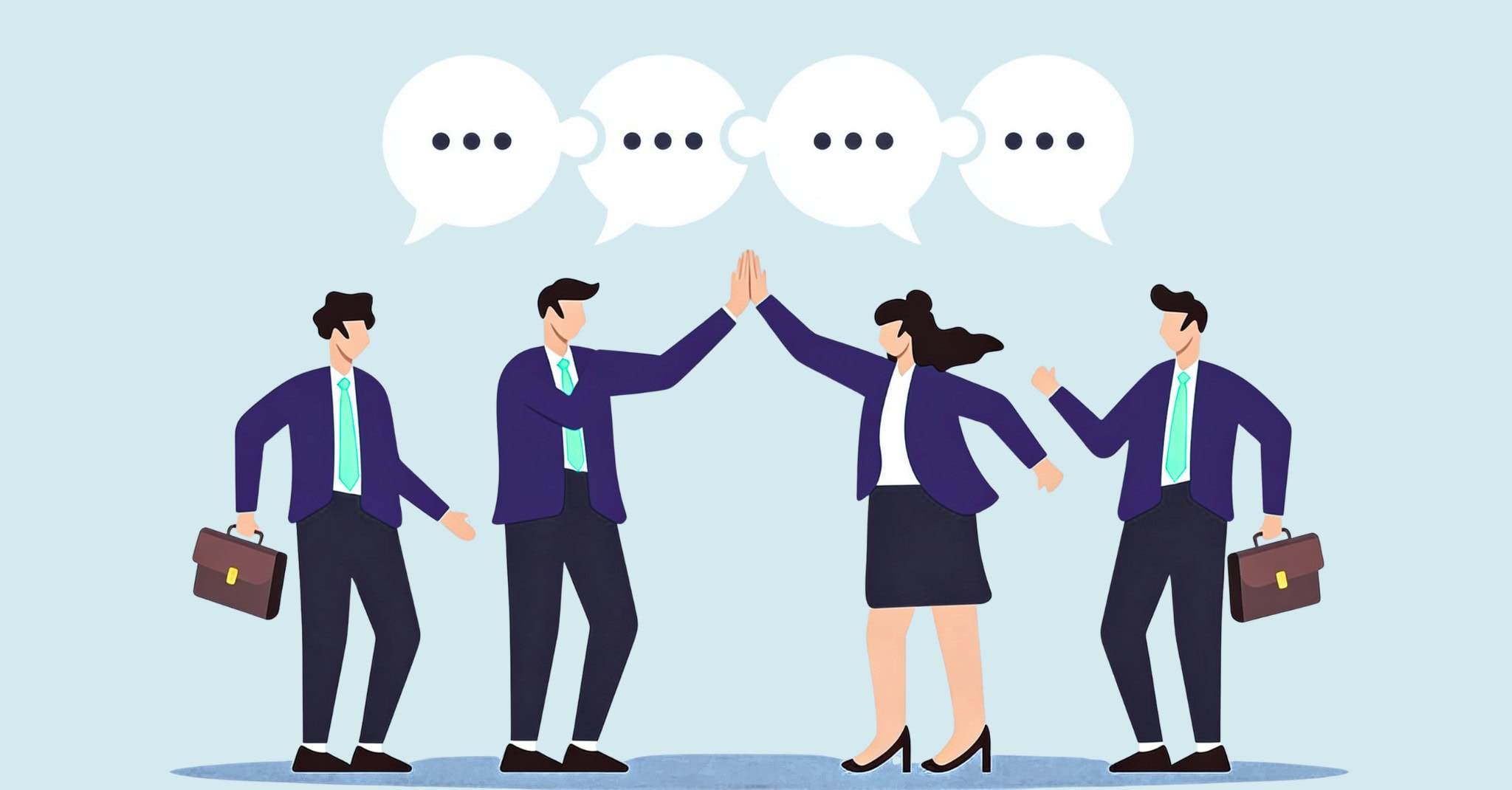 Illustration of four nonprofit professionals giving each other a high-five. Speech bubbles appear above them. This shows the teamwork between a nonprofit board chair and an executive director.