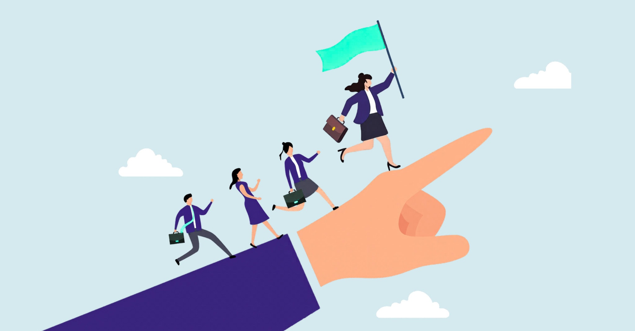 Illustration of diverse nonprofit professionals climbing a giant hand toward a leader holding a flag.It represents inclusive board recruitment and building diverse nonprofit leadership.
