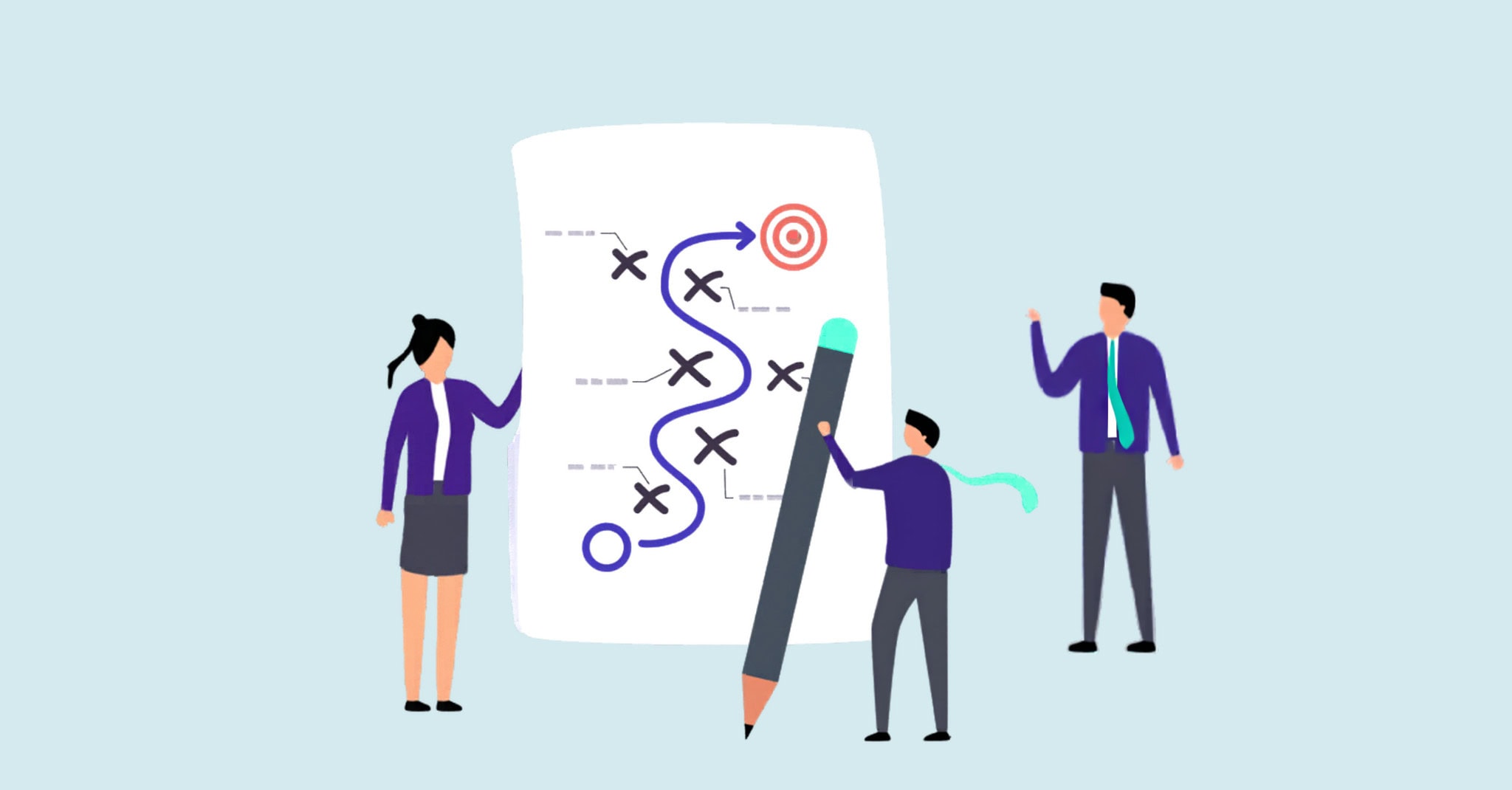 Illustration of three nonprofit professionals mapping a strategic plan on a large document with a winding path toward a target — representing nonprofit strategic planning best practices.