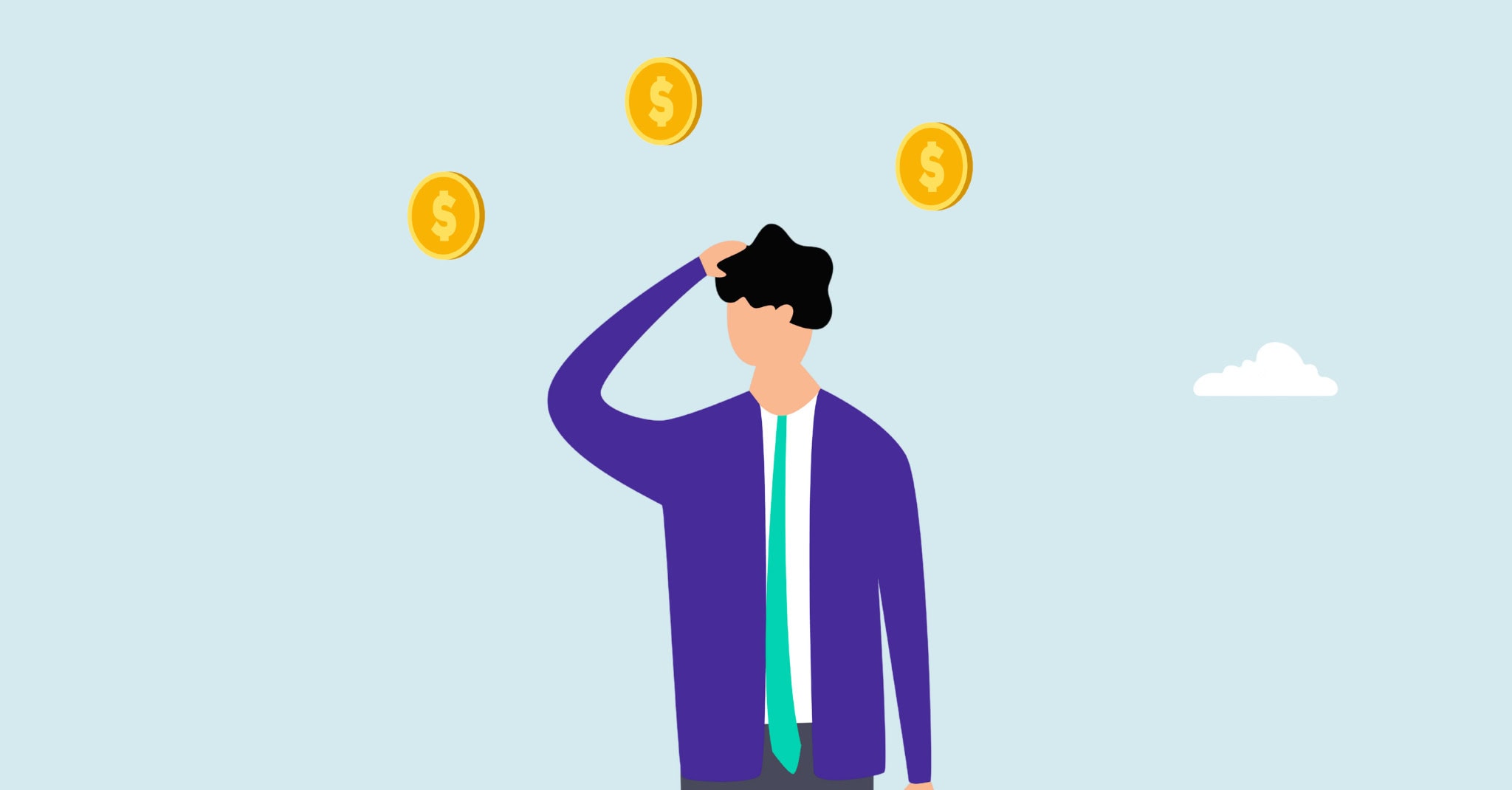 Illustration of a person looking confused while dollar coins float around them, representing common nonprofit budget mistakes