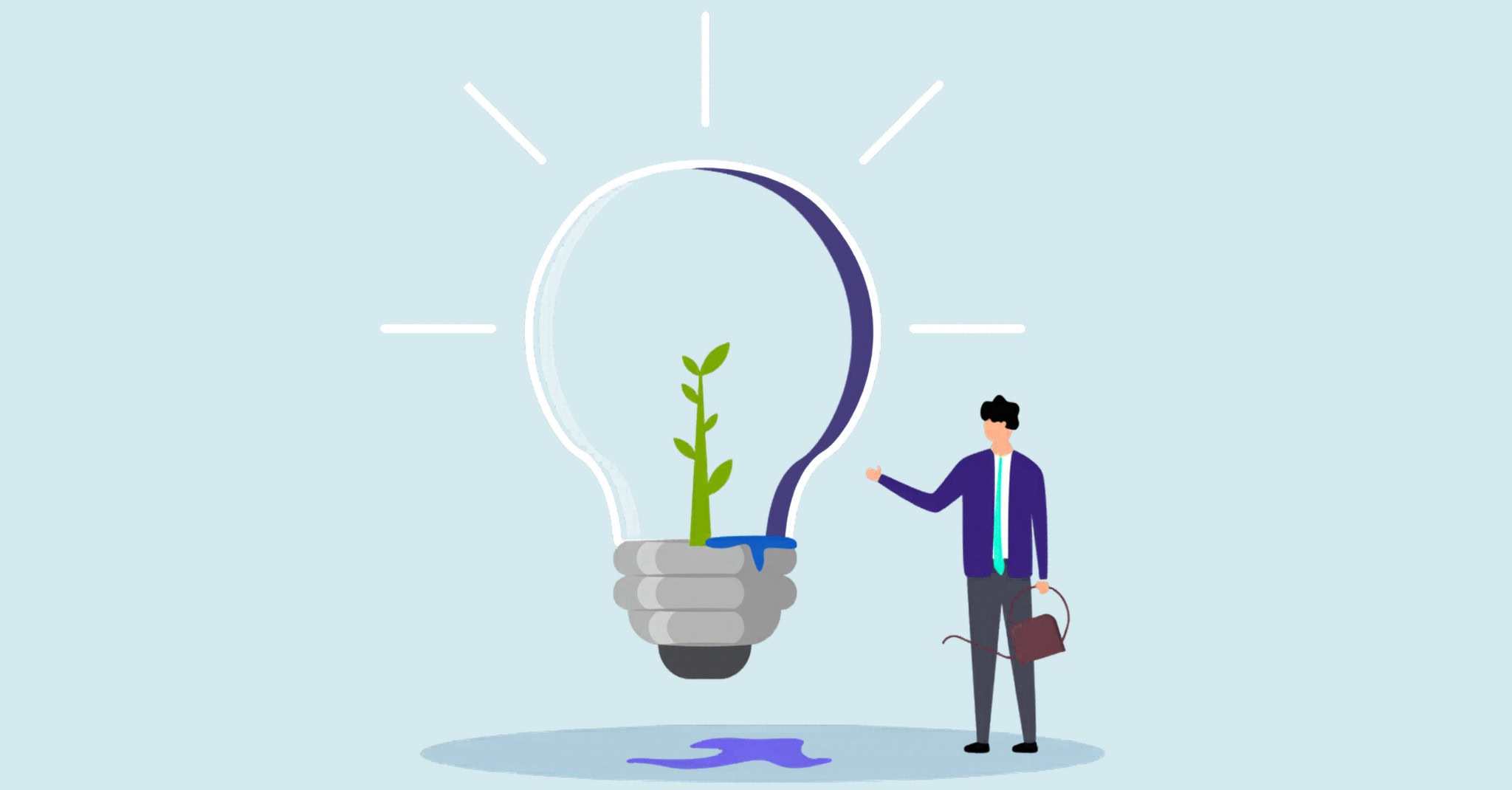 Illustration of a nonprofit professional watering a plant growing inside a light bulb — representing sustainable impact-focused budgeting for environmental nonprofits.