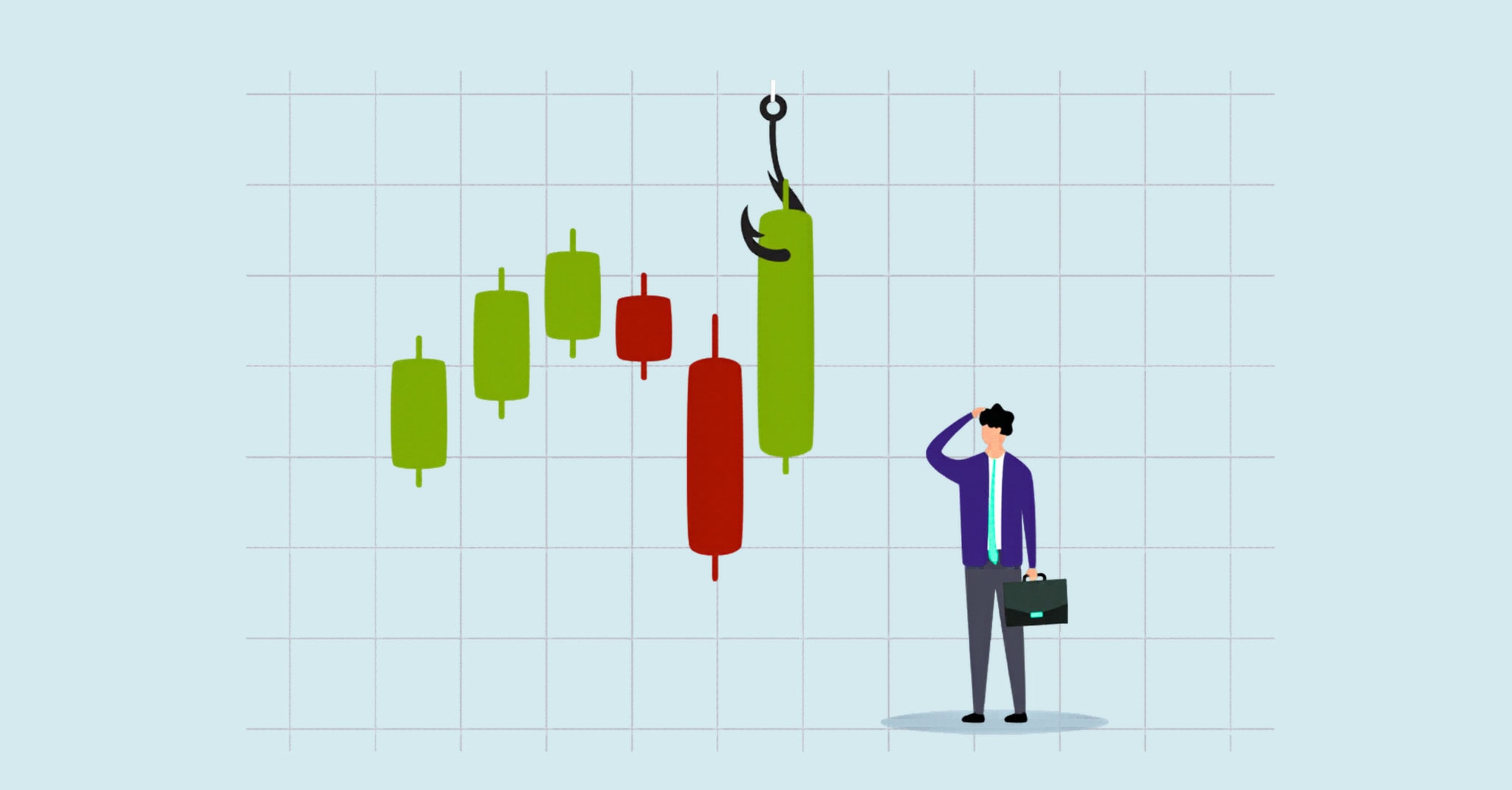 Illustration of a nonprofit professional looking at a candlestick financial chart with a rising bar hooked at the top — representing fund accounting and tracking nonprofit financial performance.