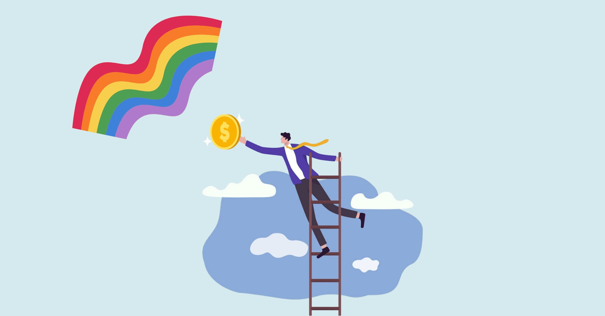 Illustration of a person climbing a ladder toward a rainbow Pride flag while reaching for a gold coin, representing sustainable funding for LGBTQ+ nonprofits