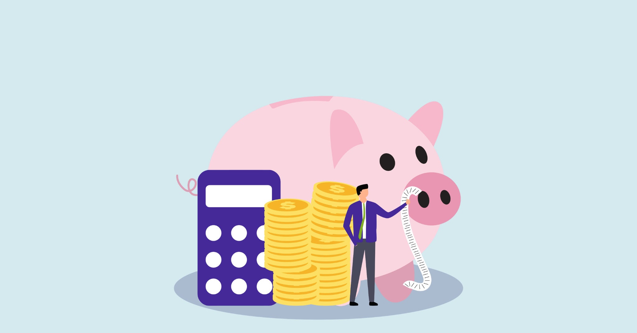Illustration of a person holding a receipt next to stacks of coins, a calculator, and a piggy bank, representing nonprofit cash management and banking.