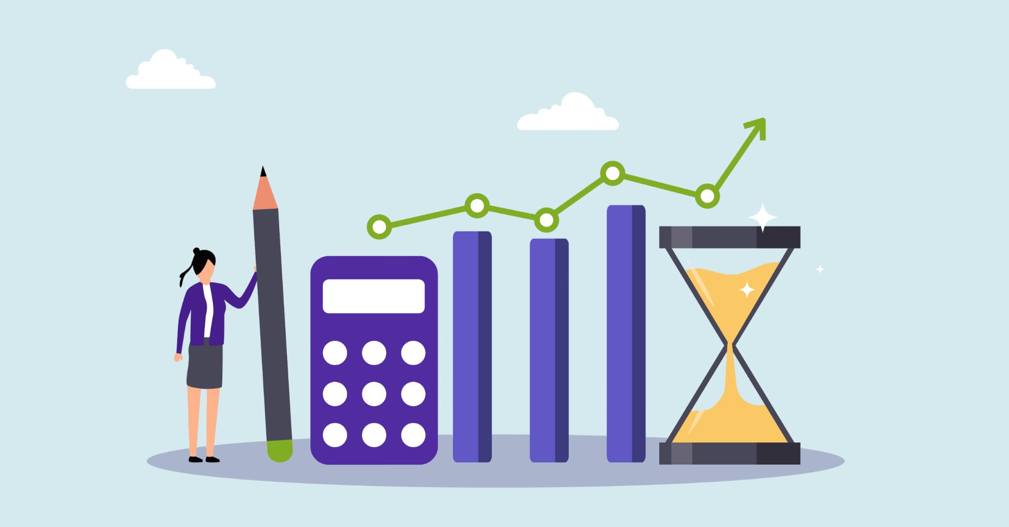Illustration of a person holding a pencil next to a calculator, bar chart, and hourglass, representing NPO accounting and financial planning in Canada