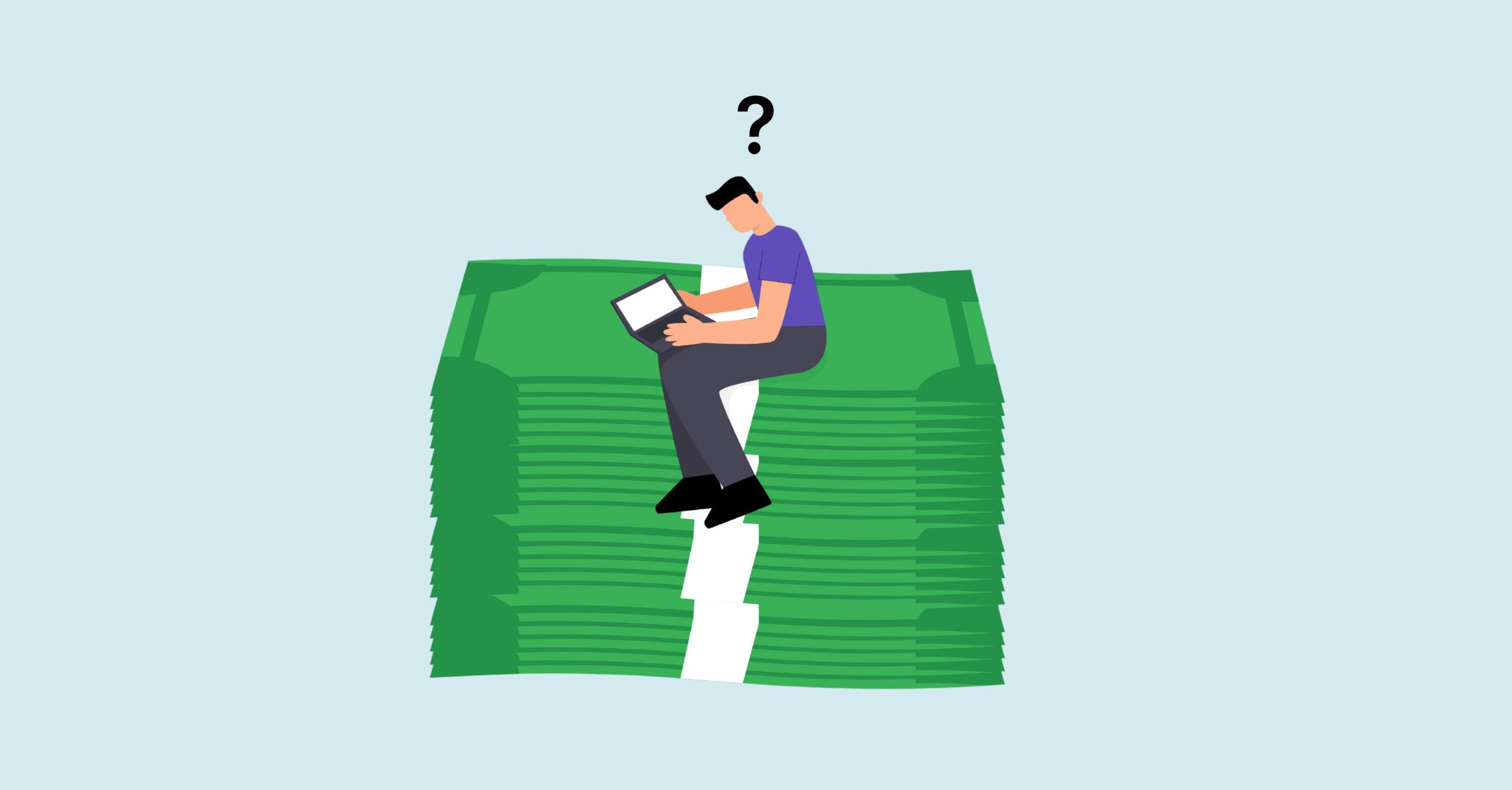 Illustration of a person sitting on a large stack of money with a question mark above their head, representing confusion around nonprofit budget management