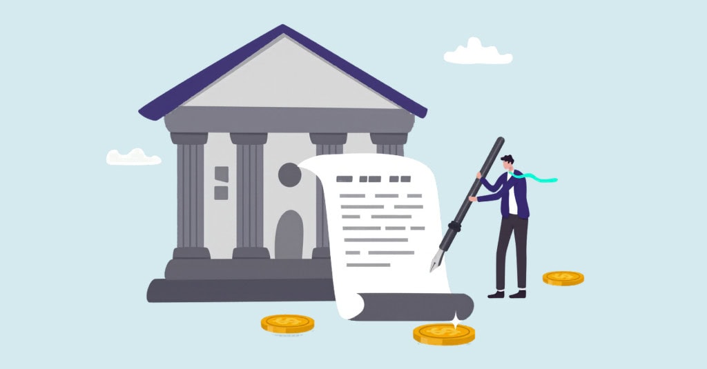 Illustration of a person signing a financial document in front of a government building with gold coins, representing accounting and compliance requirements for religious organizations in Canada