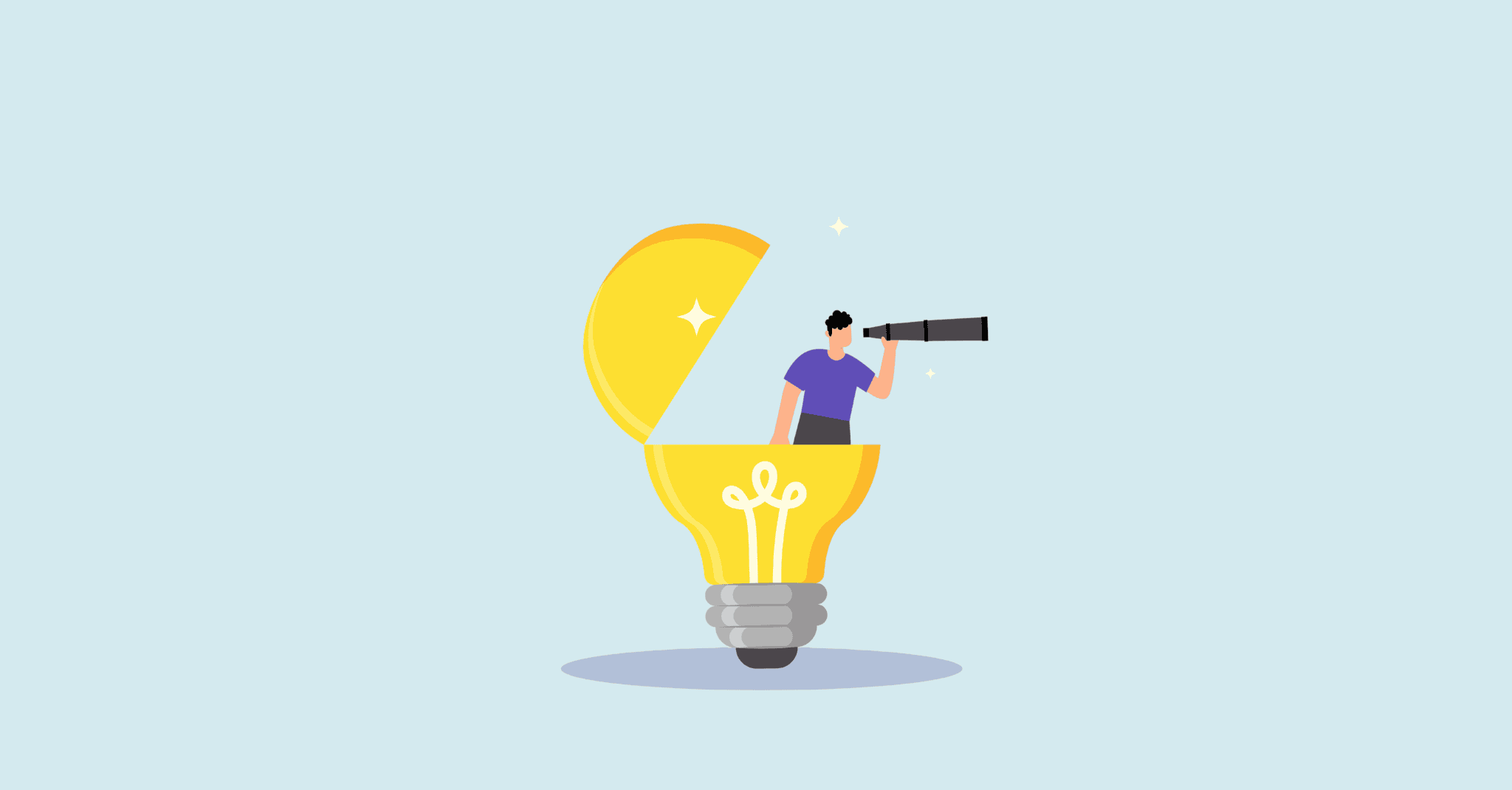 Illustration of a person standing inside an open light bulb looking through a telescope, representing forward-looking insight into charitable giving trends for Canadian nonprofits