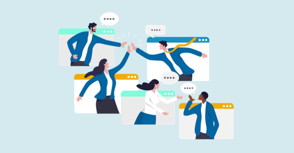 Illustration of nonprofit board committee members collaborating across virtual screens, representing committee structure for Canadian nonprofits