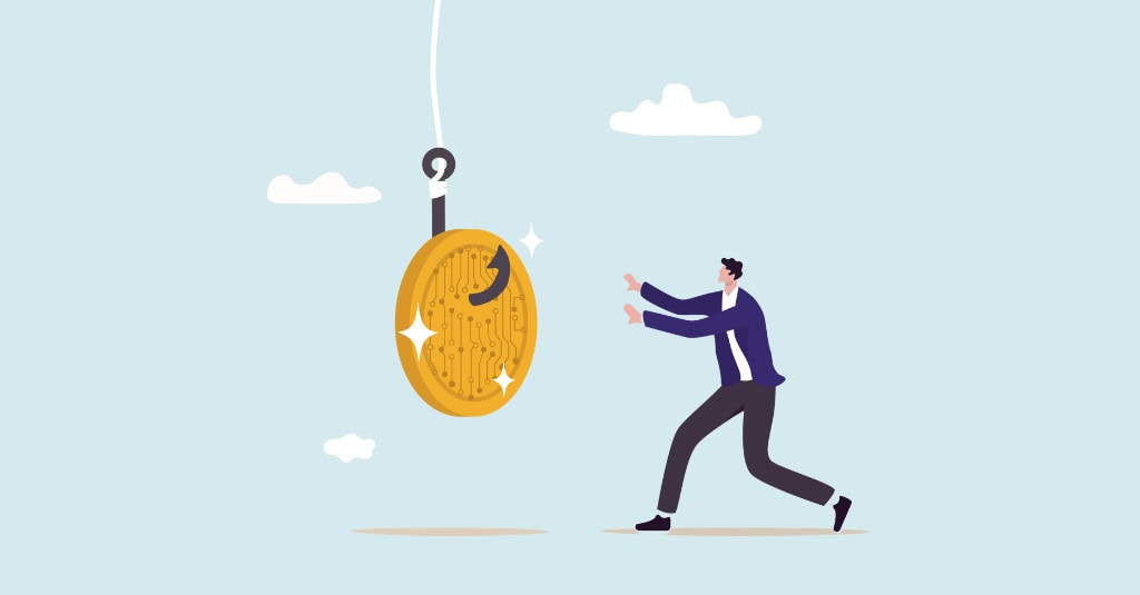 Illustration of a person being lured by a fraudulent digital coin on a hook, representing financial fraud risks facing Canadian nonprofits