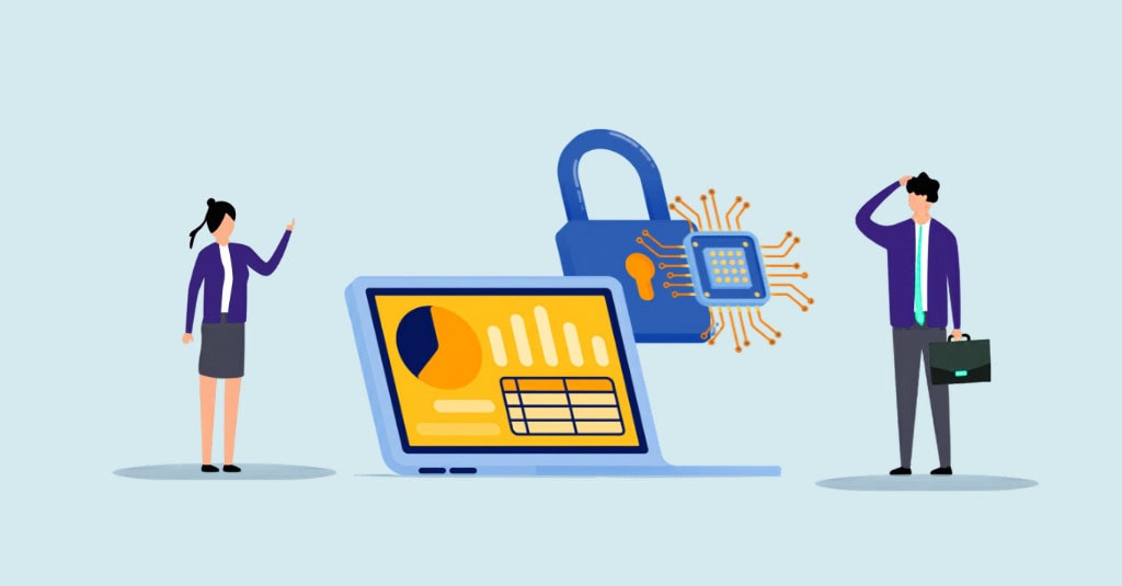Illustration of cyber security threats targeting a nonprofit organization in Canada, showing a locked laptop with financial data and a padlock