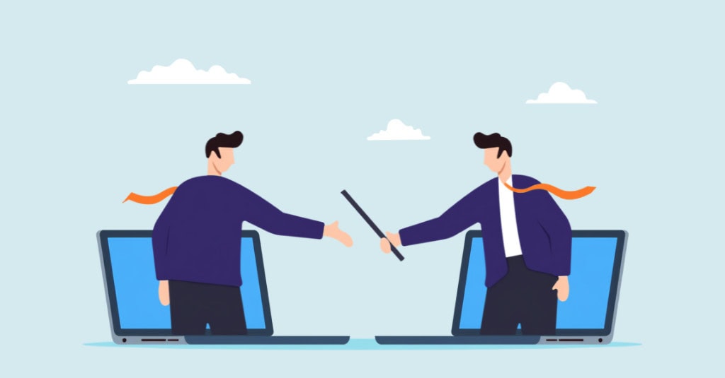 Illustration of two professionals exchanging a document through laptop screens, representing the handoff of nonprofit bookkeeping to an outsourced financial operations partner.