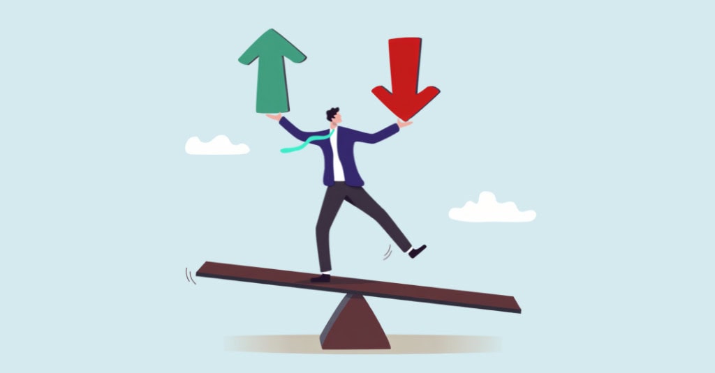 Illustration of a nonprofit leader balancing a green upward arrow and a red downward arrow on a seesaw, representing the challenge of managing funding volatility and budget uncertainty.