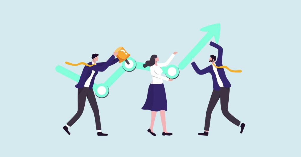 Illustration of a nonprofit team collaborating to build a cash flow forecast, represented by three professionals guiding a rising graph upward together.