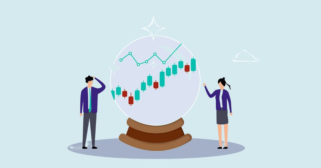 Illustration of nonprofit leaders reviewing a market trend chart in a crystal ball, representing financial planning during market volatility.