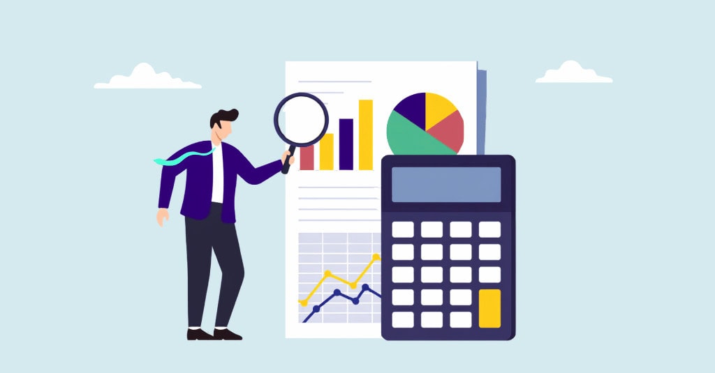 Illustration of a nonprofit leader reviewing financial reports, charts and a calculator while developing an operating reserve policy.