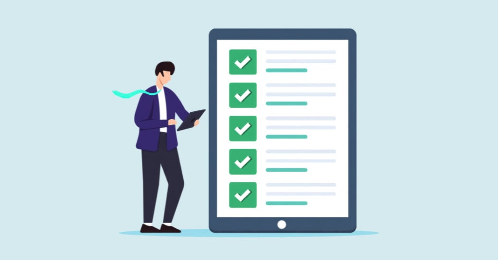 Illustration of a person reviewing a completed checklist on a large tablet screen, representing the step-by-step process of filing GST/HST online in Canada.