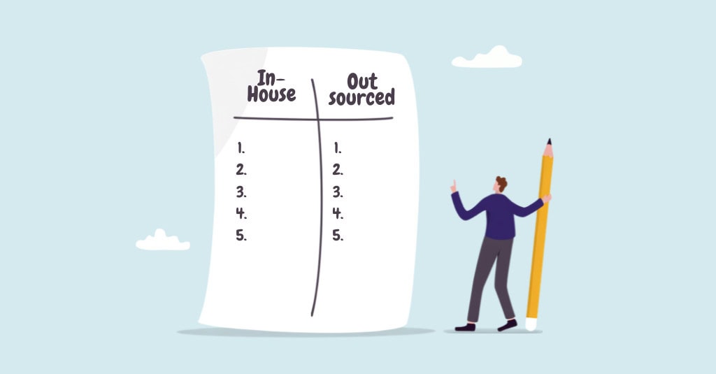Illustration of a person comparing an in-house versus outsourced bookkeeping checklist, representing the decision Canadian nonprofits face when choosing between hiring internally or outsourcing their financial operations.