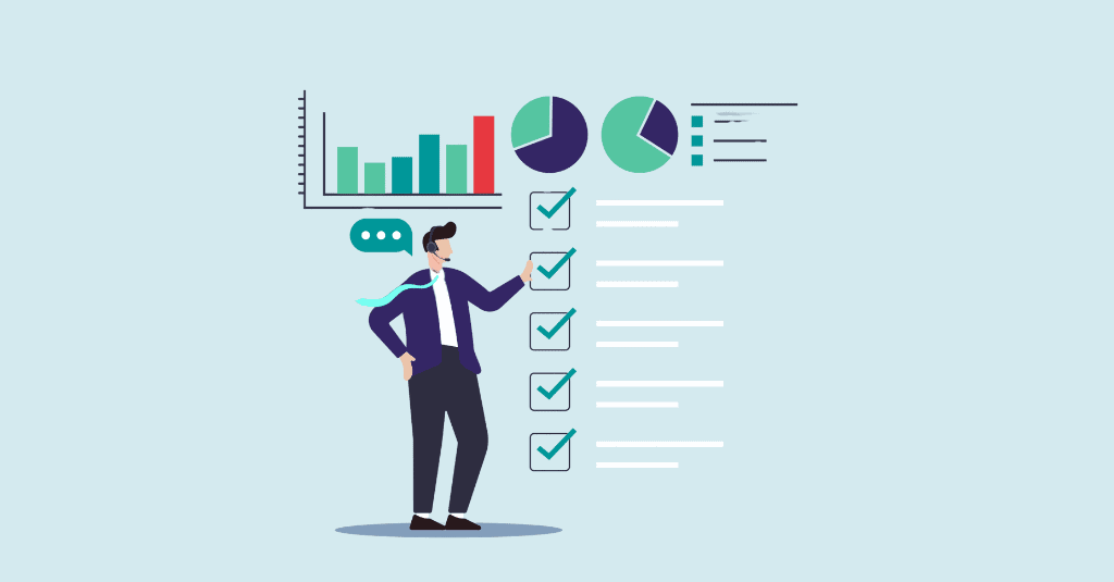 Illustration of a nonprofit leader reviewing charts and a reporting checklist for donor reporting in Canada.