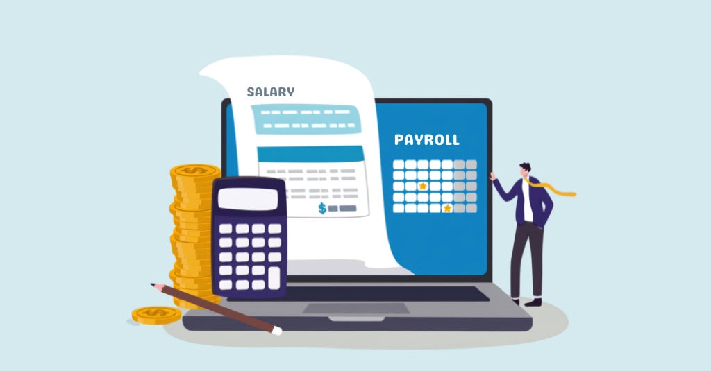 Illustration of a Canadian employer using a payroll deductions calculator, showing a salary slip, calculator, coins, and a payroll calendar on a laptop screen.
