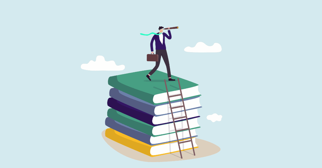 Illustration of a small business owner using a telescope while standing on a stack of books, representing clear financial visibility and bookkeeping in Canada.