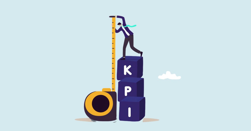 Illustration of a nonprofit leader measuring KPI blocks with a tape measure, representing the key financial metrics Canadian nonprofit boards should track in 2026.