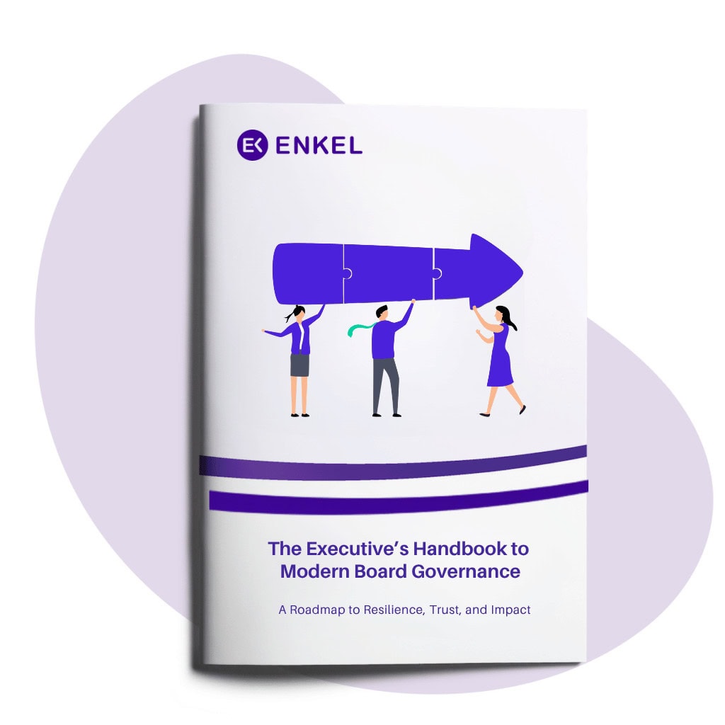 Cover of Enkel’s Executive’s Handbook to Modern Board Governance, featuring three professionals assembling a purple arrow.