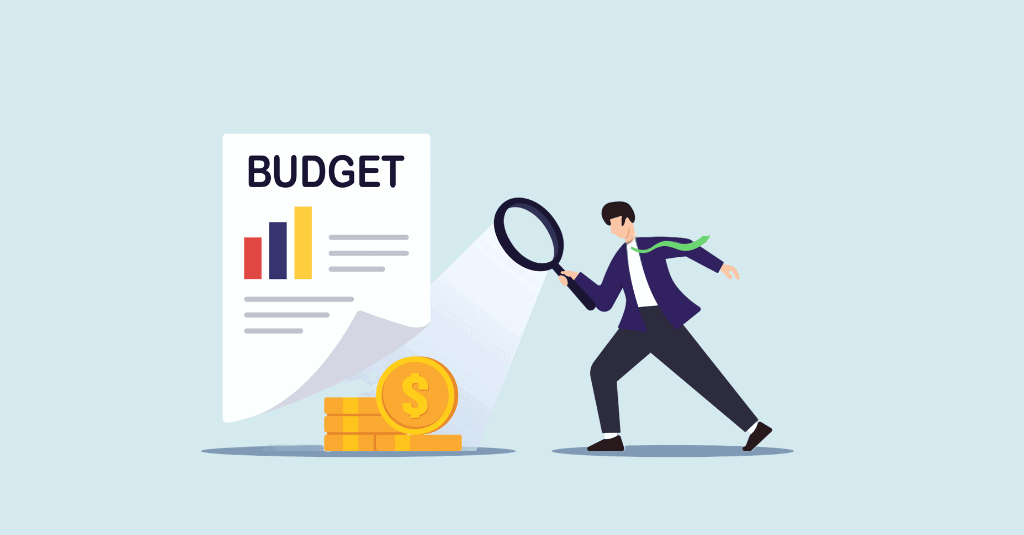 Illustration of a nonprofit leader examining a budget, financial chart and stack of coins to identify hidden operating costs.