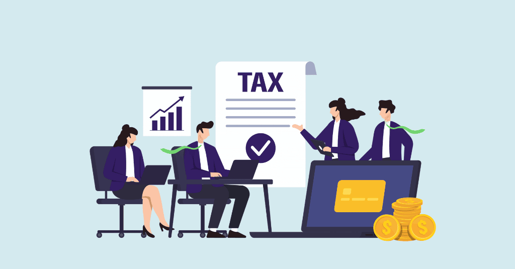 Illustration of business professionals reviewing a tax document, financial chart and payment card, representing BC PST changes for professional services.