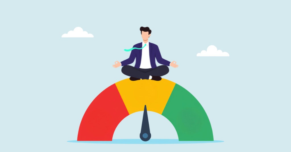 Flat illustration of a person meditating atop a red, yellow, and green performance gauge, with the needle centered in the yellow zone against a light blue sky with clouds.