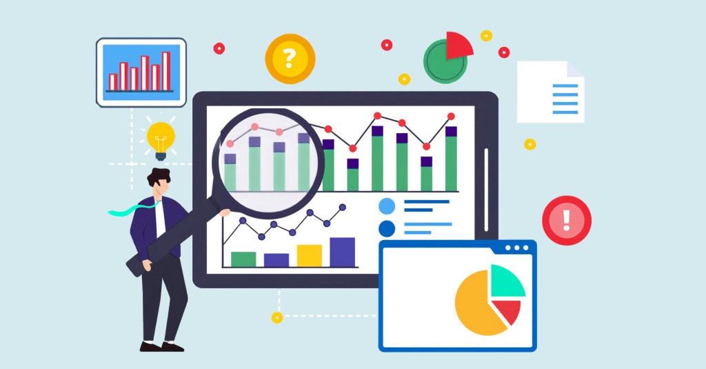 Illustration of a business owner reviewing a financial dashboard with cash flow charts, revenue trends and a pie chart.