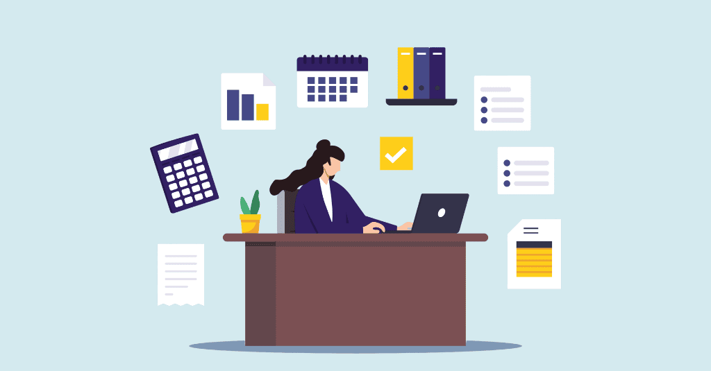Illustration of a nonprofit administrator preparing financial documents and checklists at a laptop for a Canadian charity return.