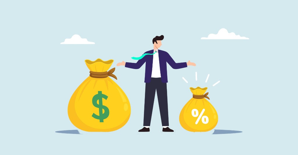 Illustration of a business owner reviewing profit margin charts, financial reports and percentage indicators on a dashboard.