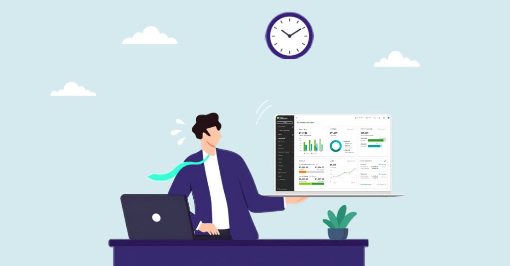 Illustration of a nonprofit finance professional reviewing accounting charts, reports and financial data on a digital dashboard while setting up QuickBooks.